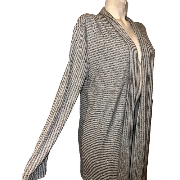 BANANA REPUBLIC Sweater Women's Size M Black Grey Ribbed Stripe Open LS Cardigan - Picture 3 of 6